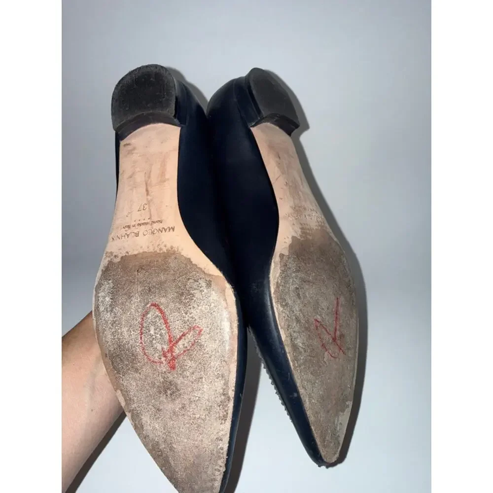 Manolo Blahnik Agos Navy Suede & Snake Leather Flat size 37